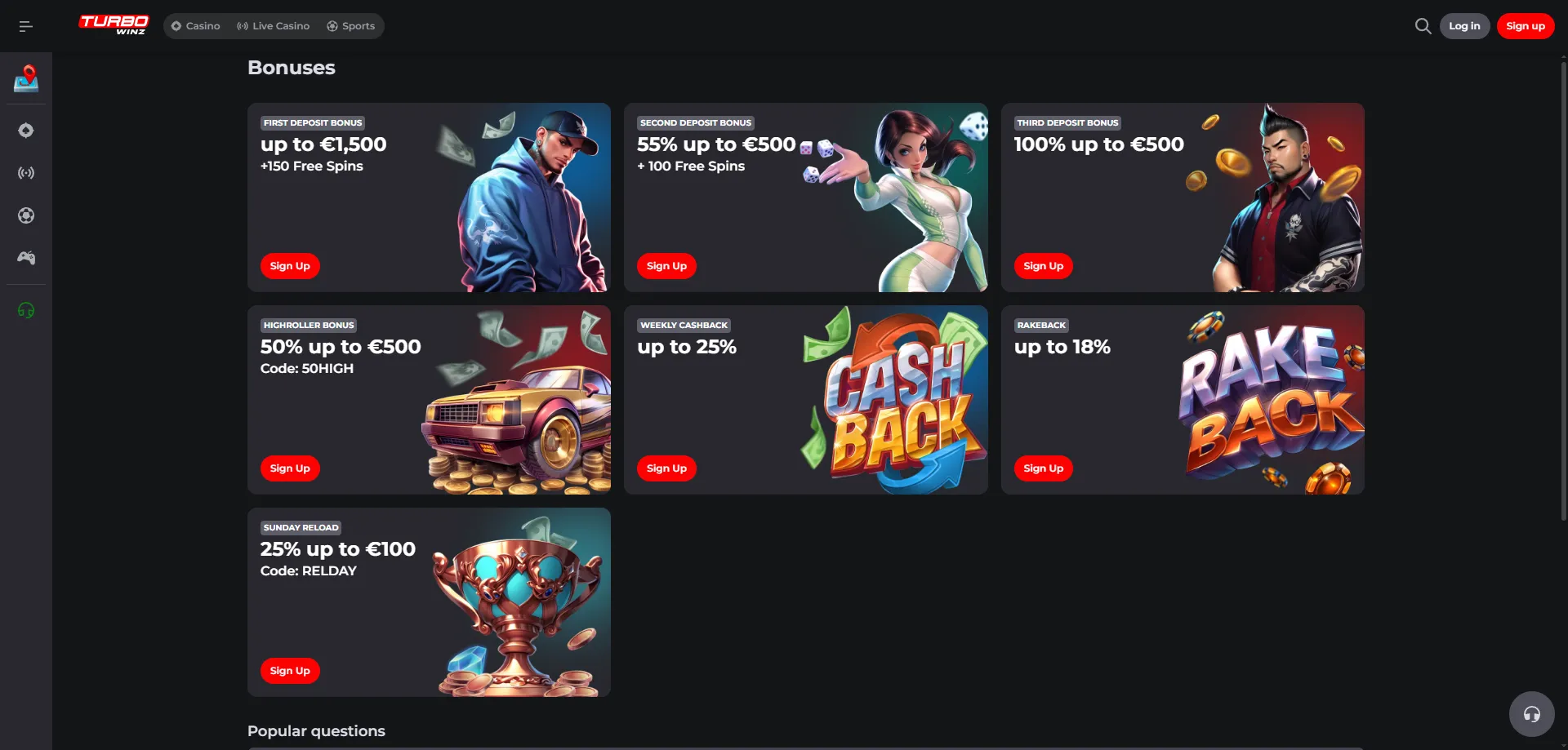 Turbowinz Casino bonus di benvenuto fino a 1.500 euro e 250 giri