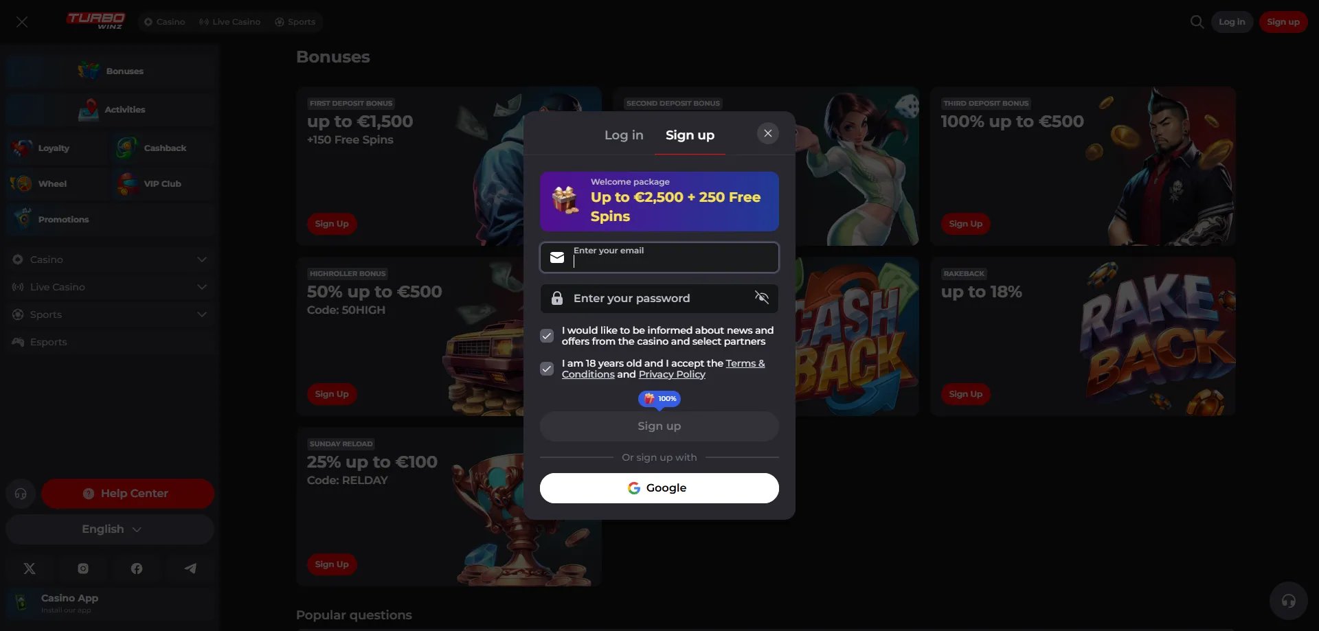 Registrazione e login su Turbowinz Casino passo dopo passo